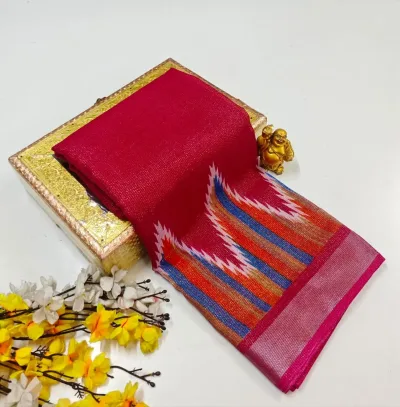 Multicolor Ikat Stripe Soft Linen-Cotton Saree